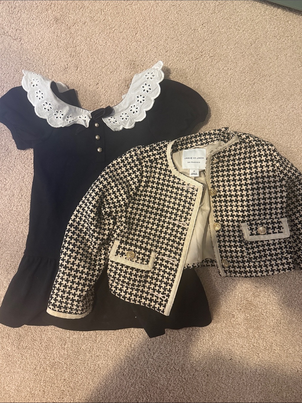 Janie and Jack Black Dress with Cream & Black Houndstooth Jacket